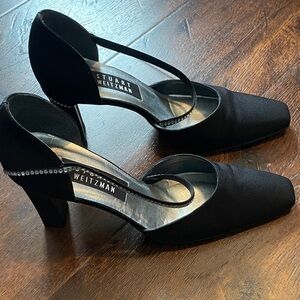 Stuart Weitzman black pumps rhinestone elastic strap block heel size 7